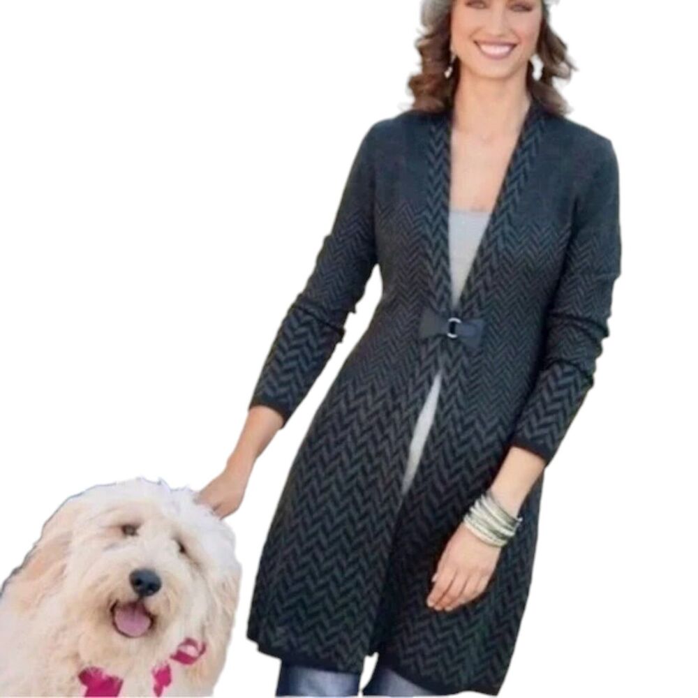 Soft Surroundings Herringbone Duster Cardigan Petite XS Black Gray Wool Blend